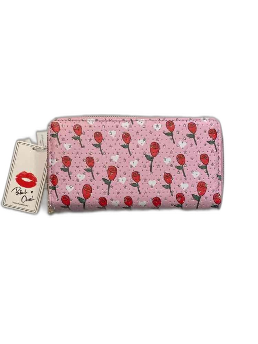 Blush Crush Double Zip Pink With Hearts And Roses Wallet NEW WITH TAGS
